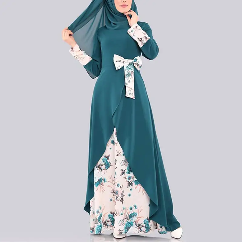 MISSJOY мусульманские женские платья кимоно Абая печать цветочный бант арабский Сплит Нерегулярные Малайзия Дубай элегантное женское платье женское повседневное - Цвет: Green