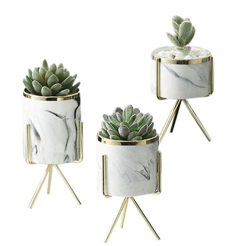 

NEW-Nordic Marble Pattern Vase Ceramic Iron Art Vase Rose Gold Silver Tabletop Green Plant Flower Pot Home Office Vases Decorati