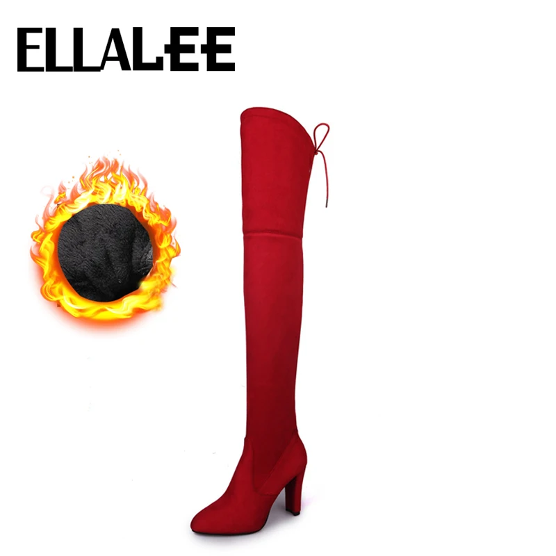 Winter Warm Boots Over-knee High Heel Pointed Toe Stiletto Back Lace-up Red Black Tigh Long All-match Women | Обувь