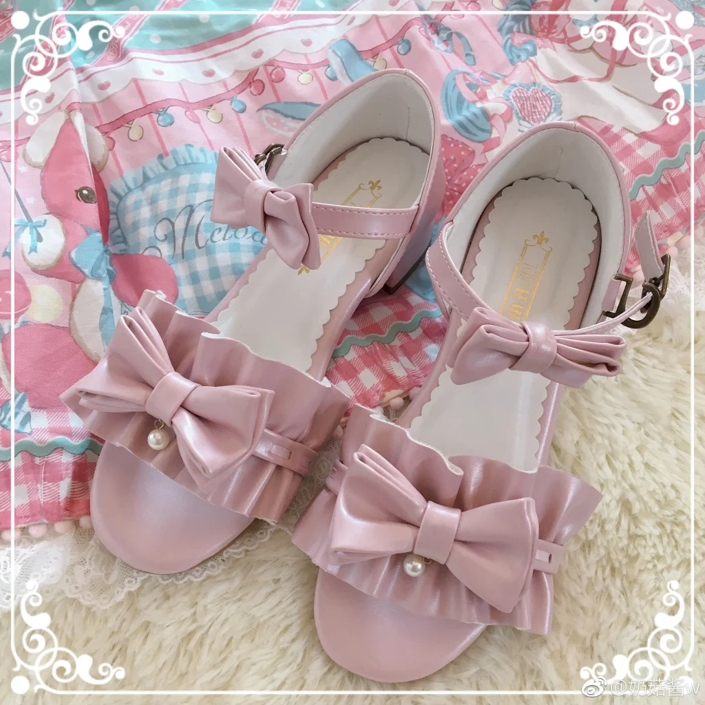 

Original Lolita Shoes Loli Sandals Low Heel Cute Bow Lace Fold Sandals Summer Japanese Sweet Lolita Shoes Lace Bowknot Shoes