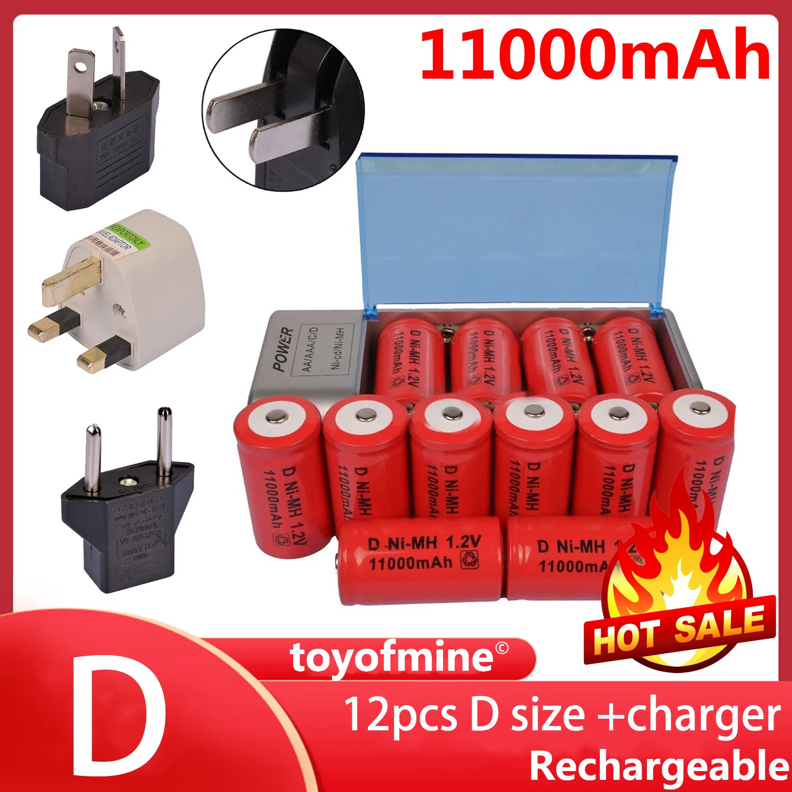 12pcs D Size 11000mah Rechargeable Battery Nimh Cd Aa Size D With