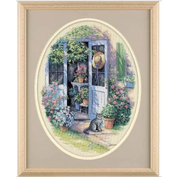 

14/22/25ct Counted Cross Stitch Kit Garden Door Gate Yard Flowers and Cat Kitten dim 35124