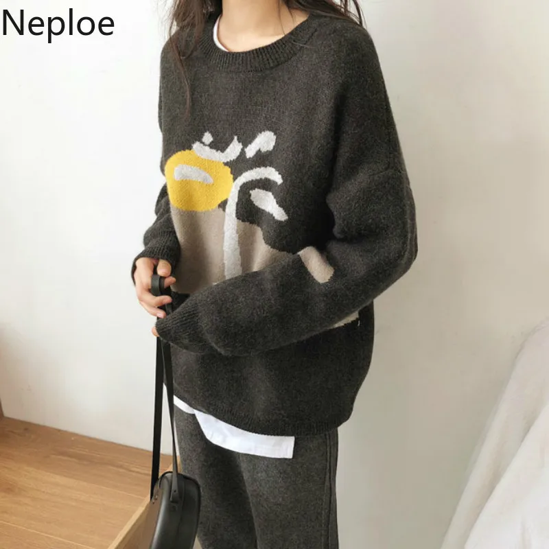 Neploe, пуловер с круглым вырезом, женский свитер, Осень-зима, вязаный, теплый, Pull Femme, модный, пэчворк, контрастный цвет, толстый, Sueter 47780