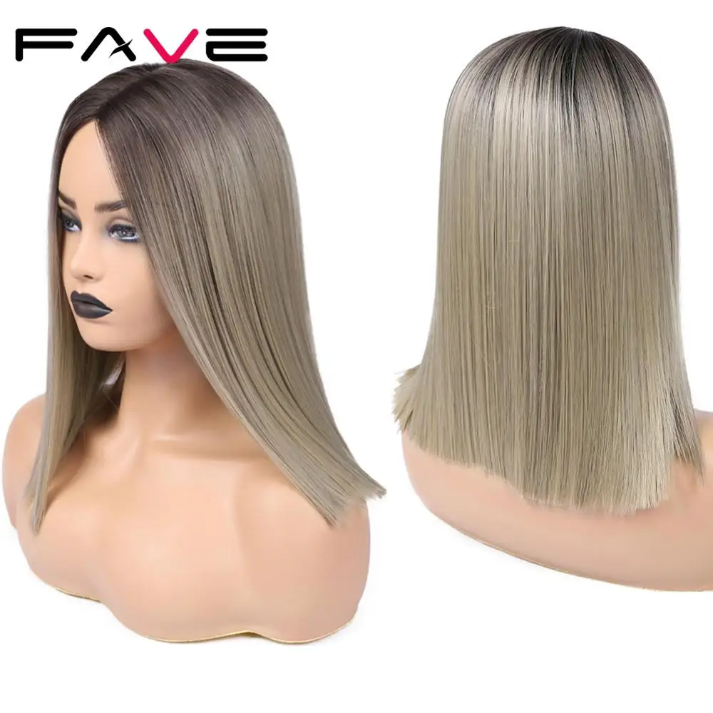 

FAVE Ombre black Pink/Blonde/Grey/Flax Brown Straight Synthetic Wig Shoulder Length Middle Part Cosplay For Black Women's Wig