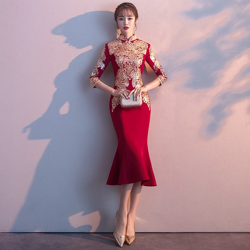 

Oriental Evening Dress Cheongsam Red Bride Marry Gown Qi Pao Chinese Wedding Dresses Long Sleeve Qipao Promotion Robe Orientale