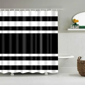 

Waterproof Thicken White Shower Curtain Black Strips Texture Mildew Proof Bath Tub Shower Curtain with 12 pcs Hooks