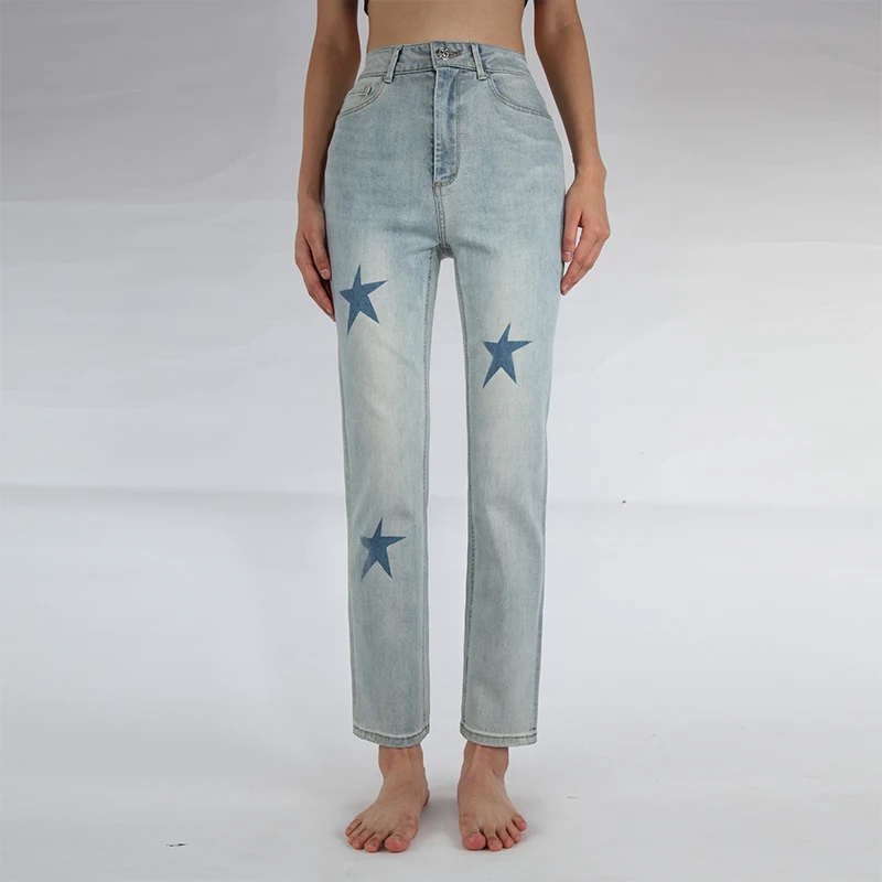 

Skinny Boyfriend Jeans for Women Vgoze HW Soft Material Washed High Waist Light Blue Stars Small Straight Jeans Women Summer New