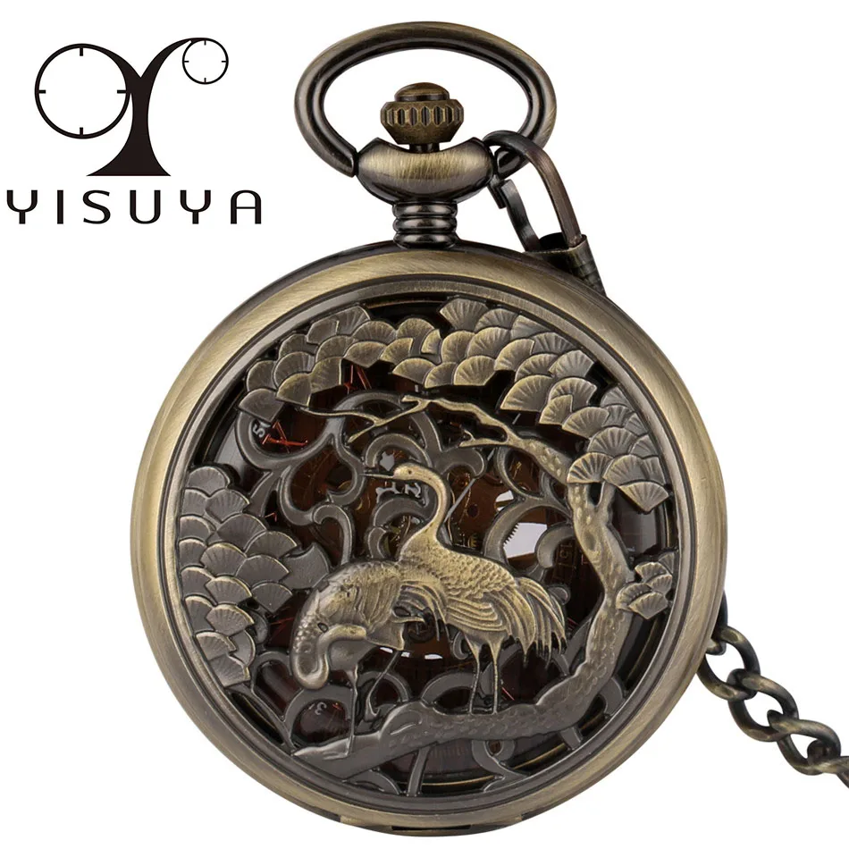 

Retro Vivid Crane Display Mechanical Pocket Watch Red Copper Roman Numerals Dial Antique Manual Mechanism Pendant Clock with Box
