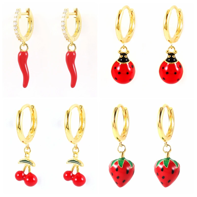 18k Gold Plated Red Enamel Star Fruit Love Butterfly Earrings