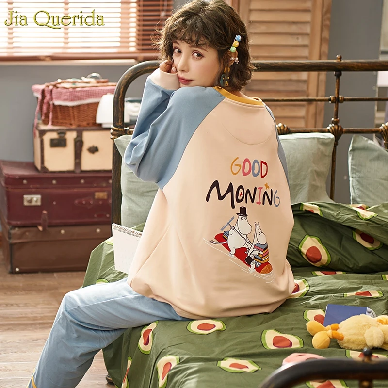 

Korean Pijamas Women Cotton Long Sleeve Chic "good Morning" Back Printing Pajamas High Quality Loungwear Women Sleeping Suit New