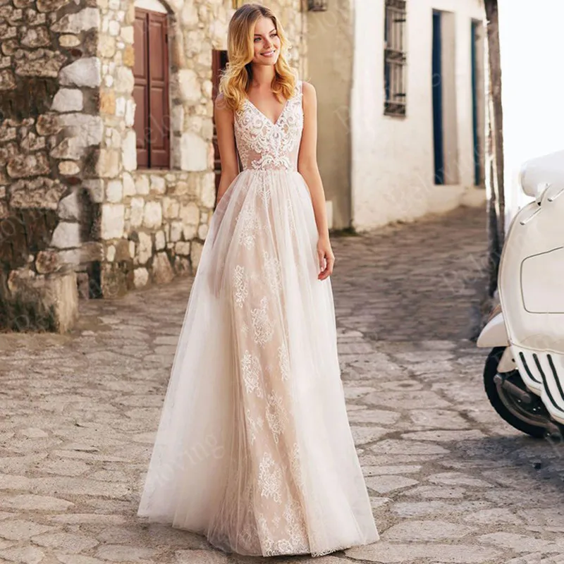 Champagne Beach Wedding Dresses 2021 Lace V Neck Bridal Gowns Bohomian Floor Length Boho Bride Dress Elegant Vestido De Noiva | Свадьбы и