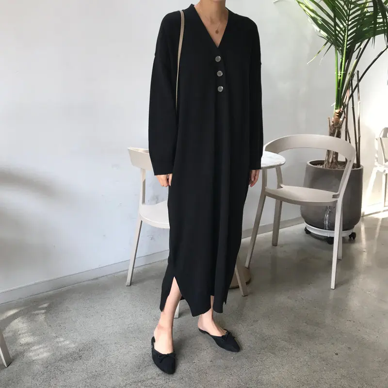 

HziriP Fashion Soft Knitted Loose Warm 2019 Slender Elegant Sweet Chic Autumn V-Neck High Waist Solid Split Straight Dresses