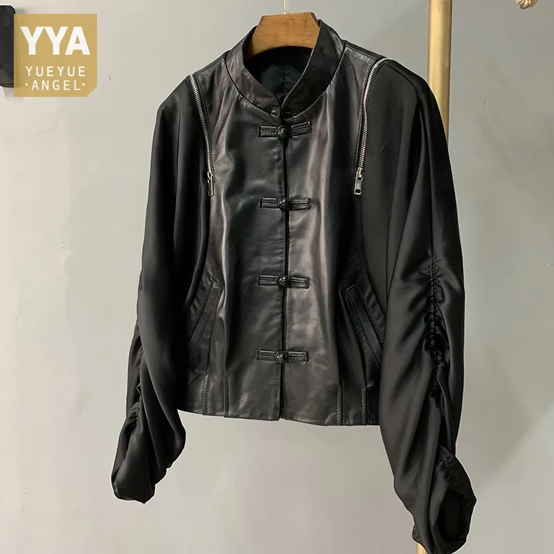 

New Stand Collar Vintage Single Breasted Genuine Leather Jacket Women Design Long Sleeve Patchwork Casual Coats Female Outerwear