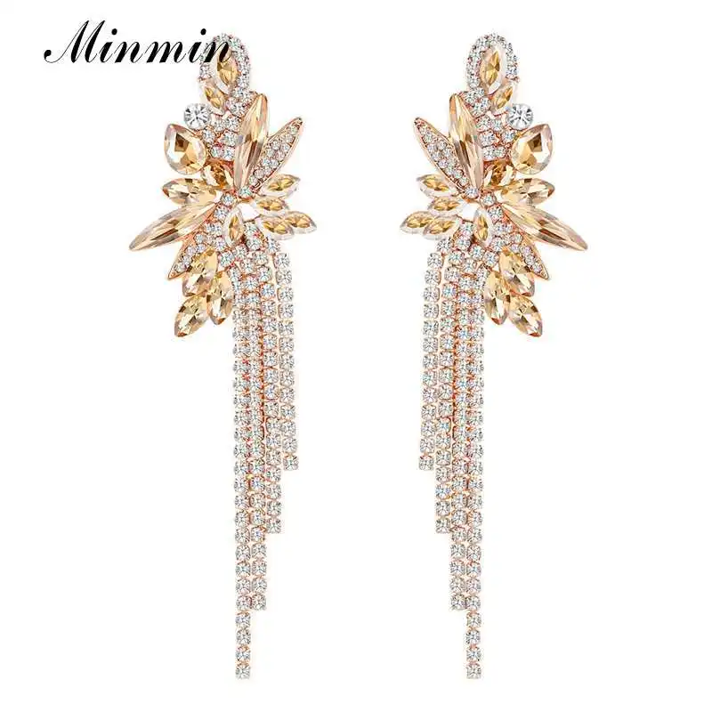 Minmin Statement Sexy Crystal Long Tassel Drop Earrings for Women Unique Flower Dangle Wedding Earrings Fashion Jewelry MEH1624