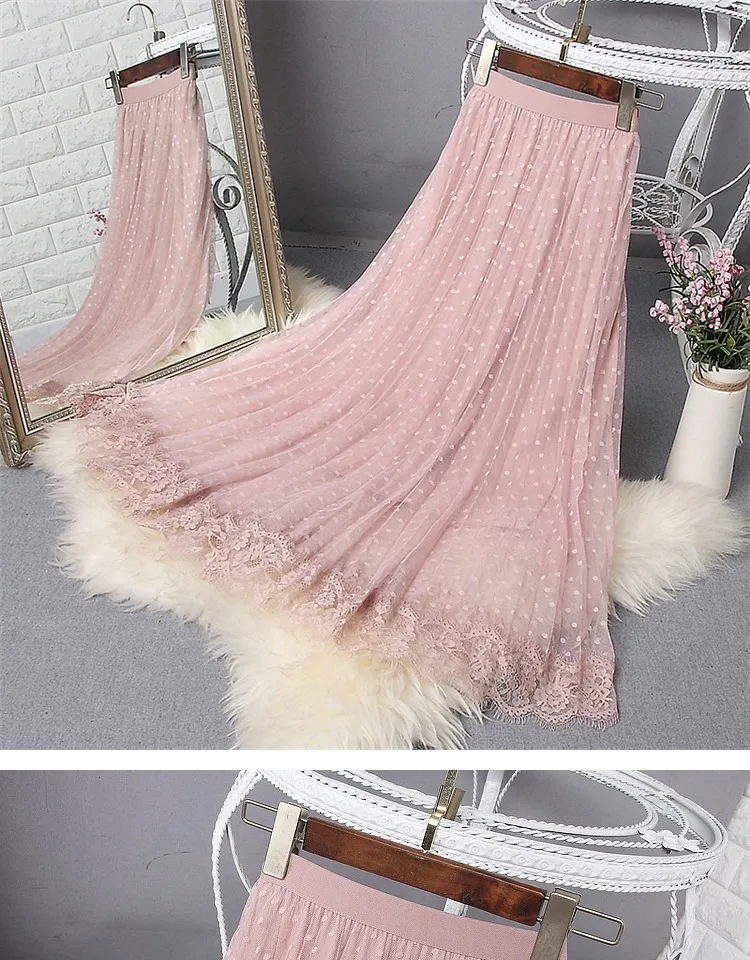 Sanishroly Autumn Women Dot Lace Skirts Elastic High Waist Mesh Skirt Female Midi Long Pleated Skirts A-Line Party Skirt SE725