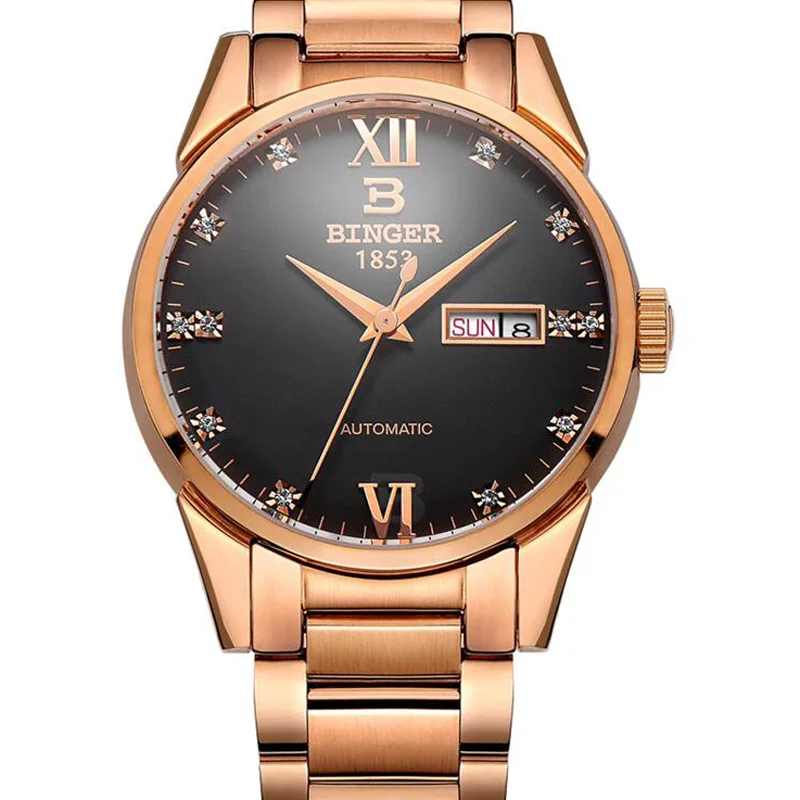 Rose gold Black Швейцария BINGER мужские часы с автоподзаводом роскошные розовое золото рифленая Нержавеющая Сталь Механические Для мужчин наручные часы Relogio Masculino - Цвет: Rose gold Black