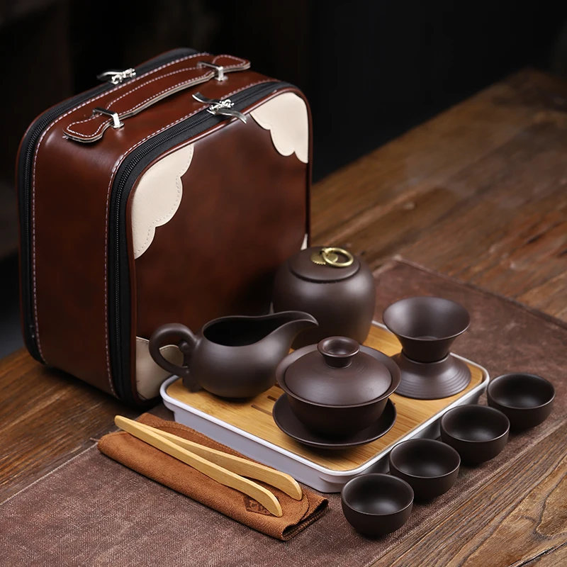 Customize Tea Set Purple clay Portable Teapot Set Outdoor Travel Gaiwan Tea Cups of Ceremony Teacup Fine Gift Organizer