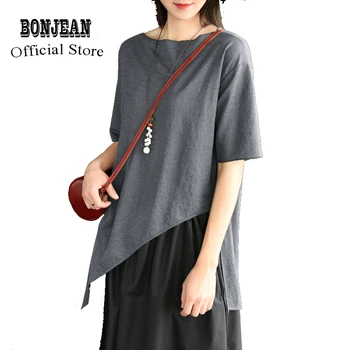 

Women Cotton Tops T Shirt Tees Lace O Neck Big Loose Asymmetric Retro Vintage Casual Fashion for Spring Summer AZ21311416