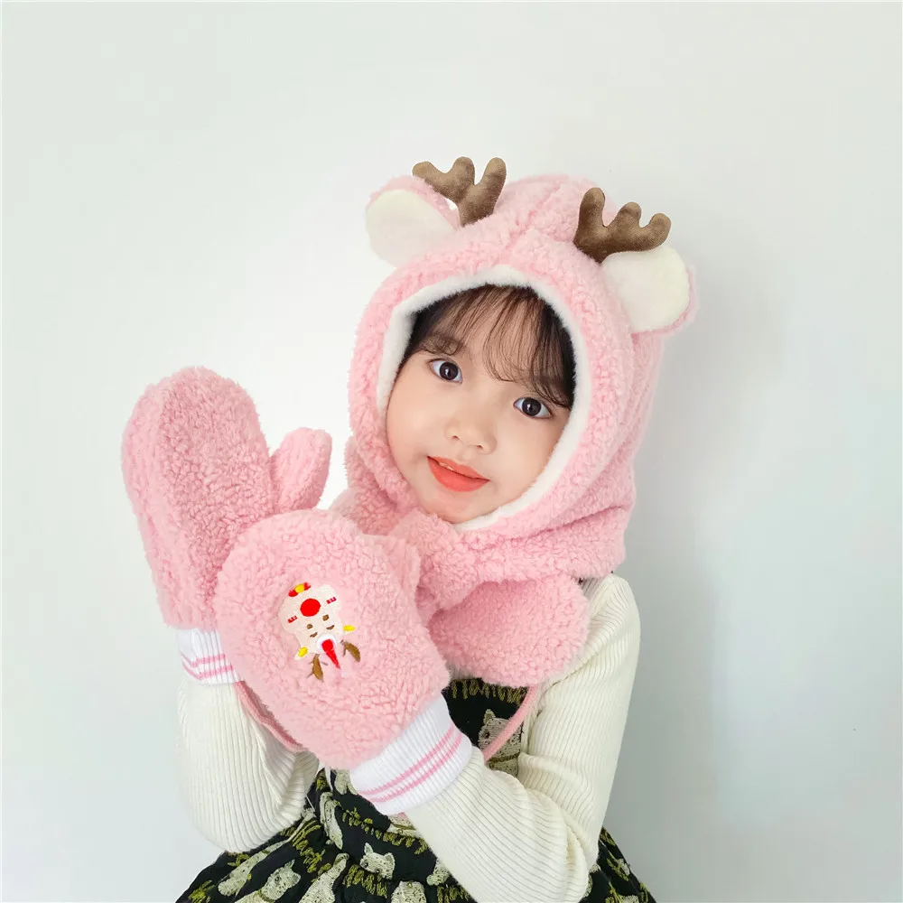 

2PCS/Set Winter Hat For Kids Boys Outdoor Caps Children Scarf Cartoon Thicken Plush Cap Warm Gloves For Girls Baby 2-8 Years Hat