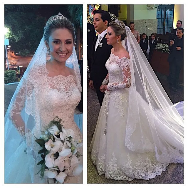 vestido de noiva кружевное свадебное платье трапециевидной формы с длинным рукавом и вырезом лодочкой, винтажное свадебное платье