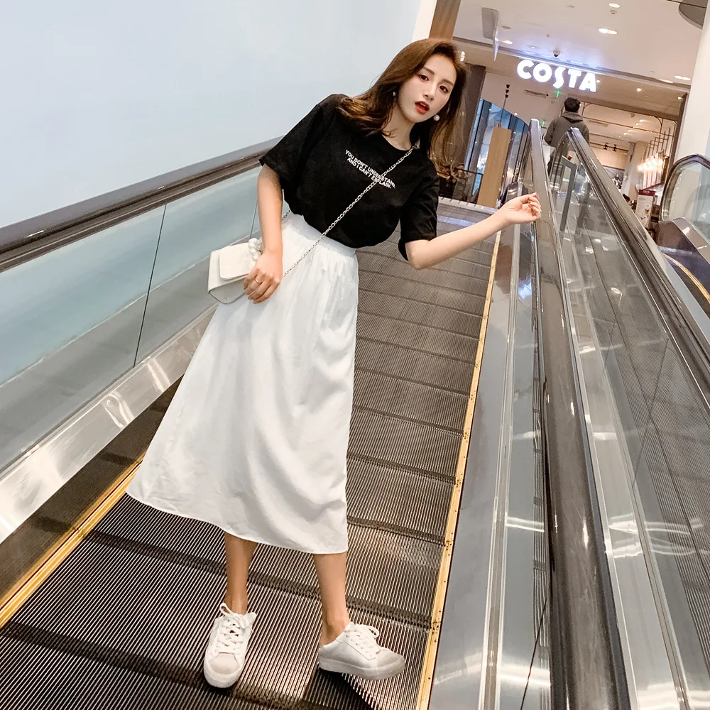 

2019 Summer New Style Short-sleeved round Collar T-shirt Tops + A- line Skirt Women's Korean-style Suit Dress