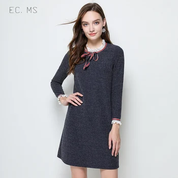 

EC.MS Dresses Vintage Bowknot Lace Slim Female Knitted Pullover Dresses