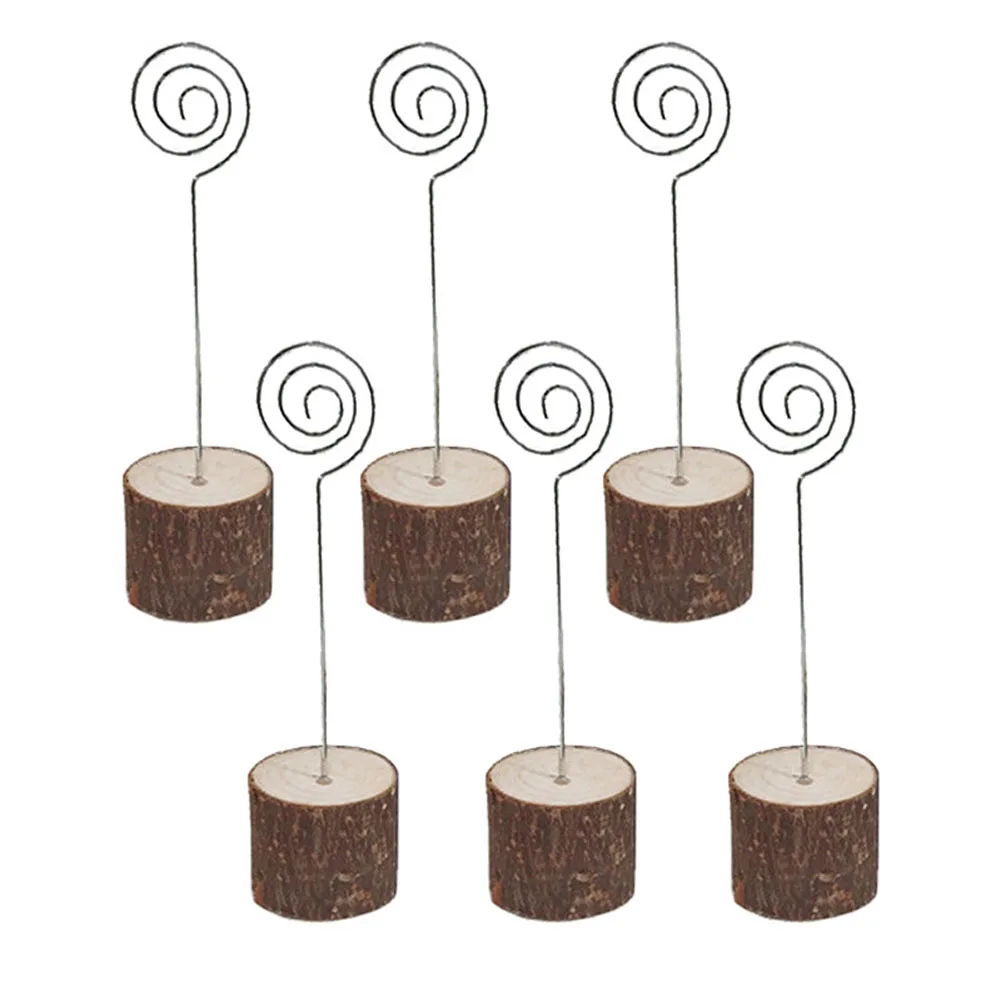 6pcs Rustic Wood Place Card Holders with Swirl Wire Wooden Bark Memo Holder Stand Picture Clip for Wedding Party Table Number