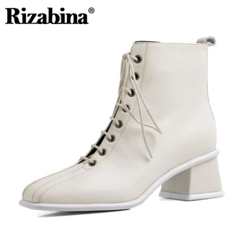 

Rizabina Women Shoes Genuine Leather Ankle Boots Thick Heel Cross Strap Square Toe Daily Boots Ladies Footwear Size 34-39