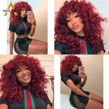 

AIVA High Temperature Fiber Burgundy Red Synthetic Lace Front Wig Curly Bob With Bangs Colorful Synthetic Lace Wigs For Women