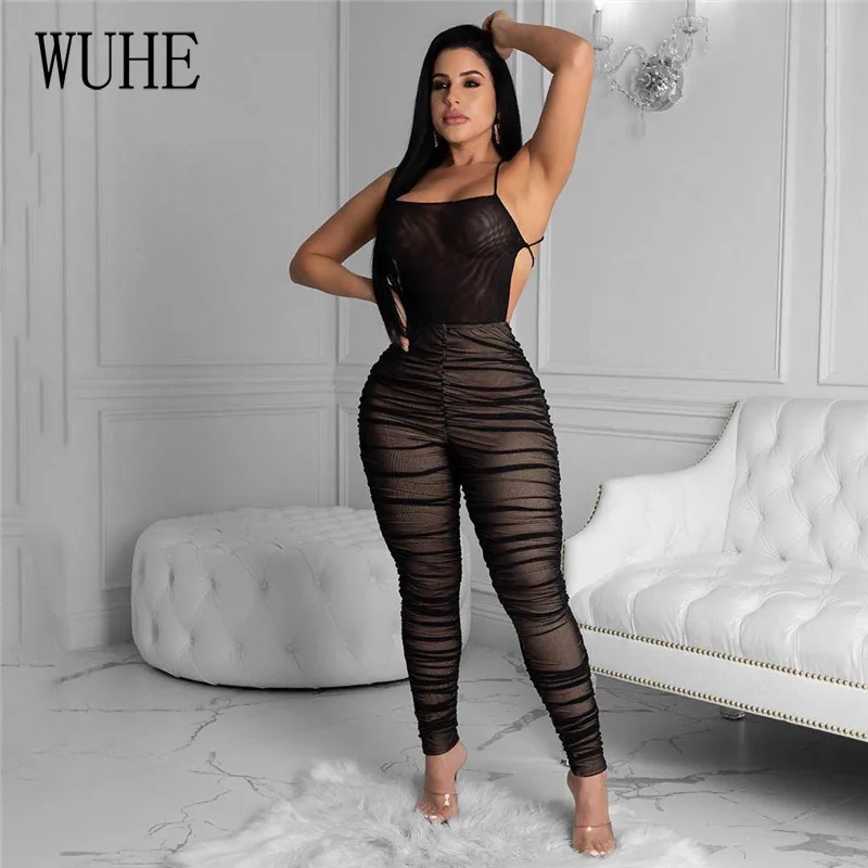 

WUHE Women Summer Jumpsuits Mesh Hollow Out Backless Street Rompers Sexy Night Club Party Bandage Elegant One Piece Overalls