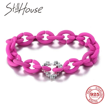 

Braided heart beads High quality Charms Deep Pink Hard Rubber X Bracelets For Women Men Jewellery Fashion Hip hop style