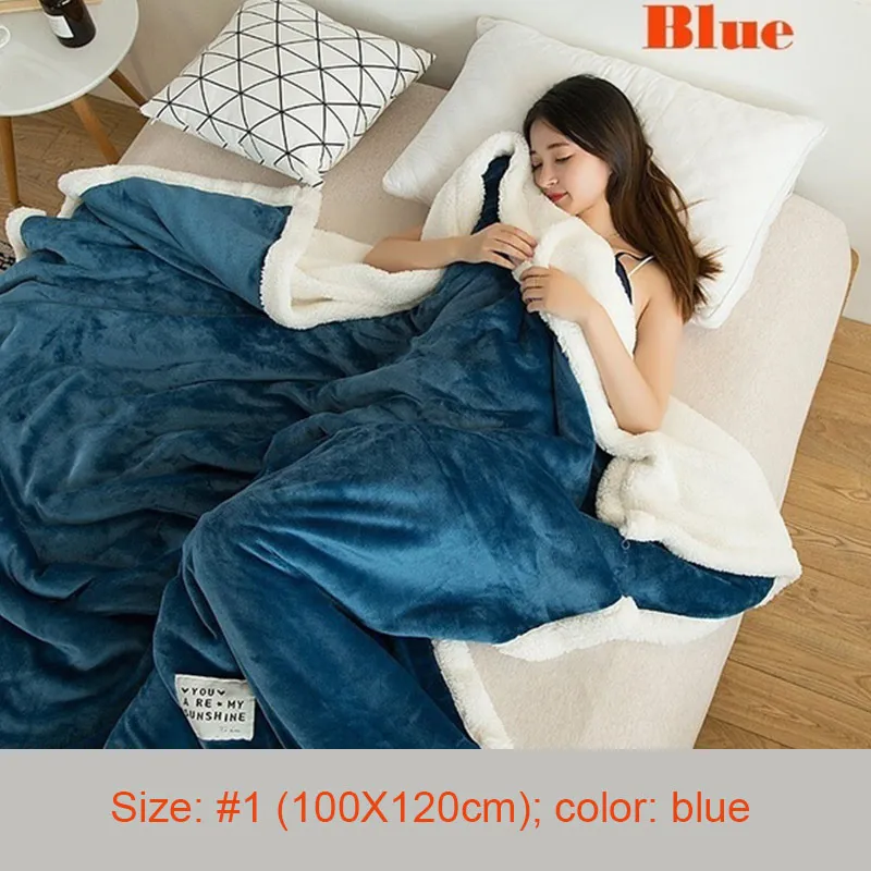 Blue Фланель+ шерсть теплые Одеяло фланелевая шерстяная Одеяло для свадьбы; обувь для офиса; супер мягкий постельный сдвоенные зимние плюшевые Одеяло из искусственного меха - Цвет: Blue