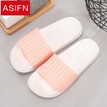 

ASIFN Summer Women Slippers Female Soft Bottom Indoor Flip Flops Home Non-slip Bathroom Stripe Men's Couple Sandals Slides