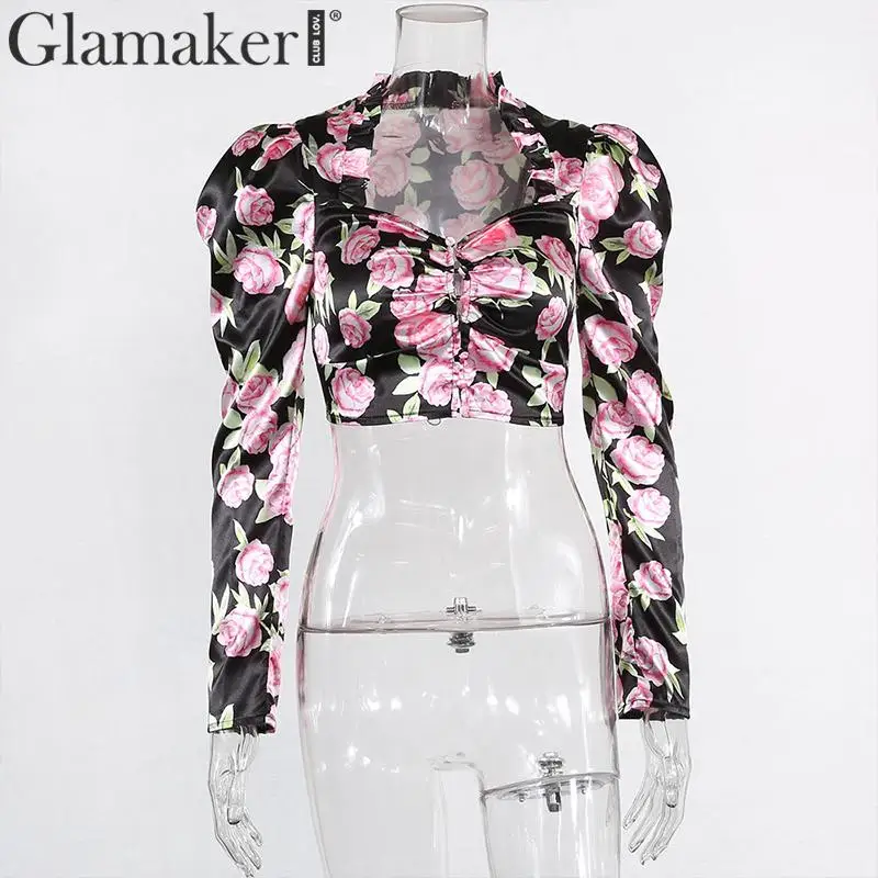 Glamaker, винтажная женская блузка с цветочным принтом, с v-образным вырезом, с длинным рукавом-фонариком, короткая элегантная женская блузка, на осень и зиму, вечерние, сексуальные блузки
