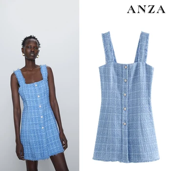 

ANZA Women Tweed Minidress 2020 New Za Fashion Sleeveless Lattice Print Elegant Party A-line Blue Cute Vest Minidress