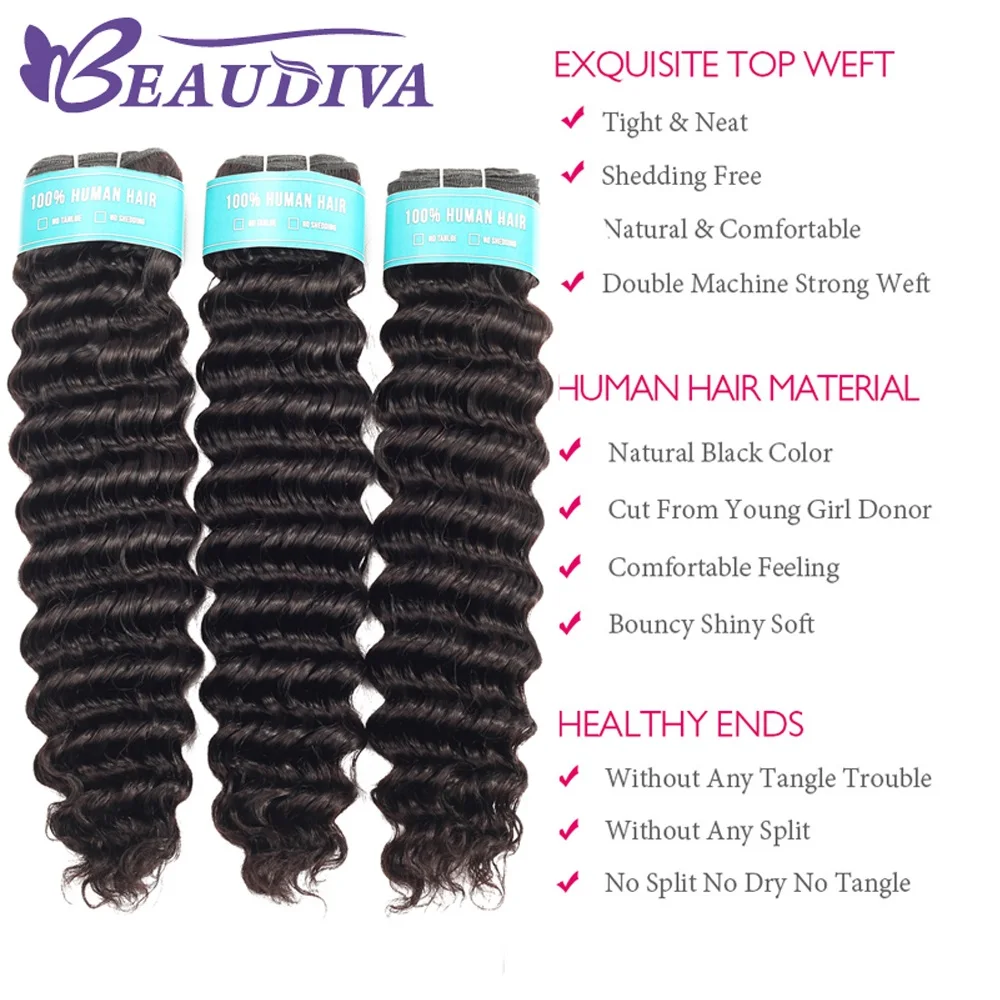 BEAUDIVA Brazilian Hair Weave Deep Wave 3 Bundles With Closure 100% Human Hair Bundles With Closure Remy Hair Extensions