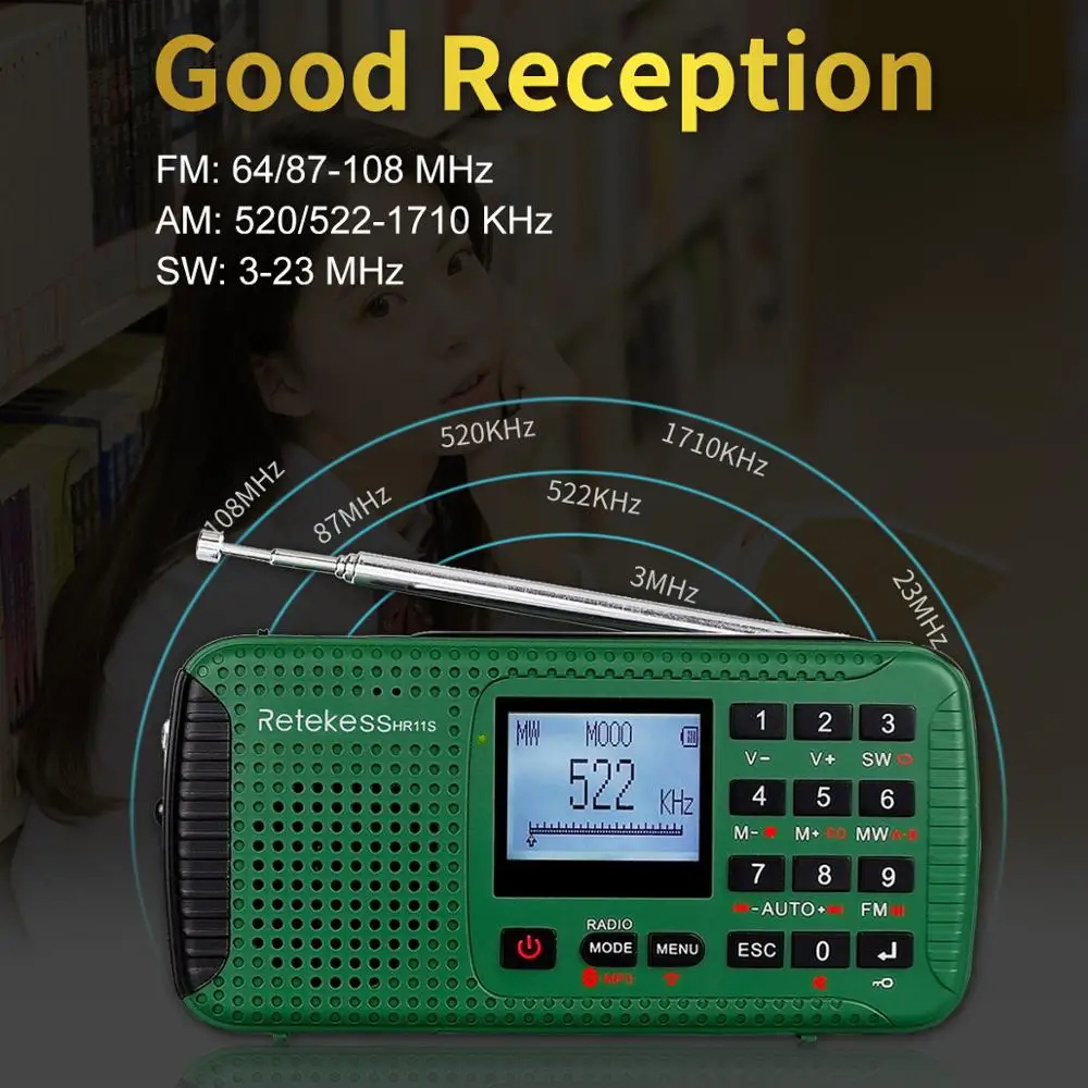Retekess HR11S аварийное радио Ручной рукоятки солнечное FM/MW/SW Bluetooth MP3 плеер цифровой