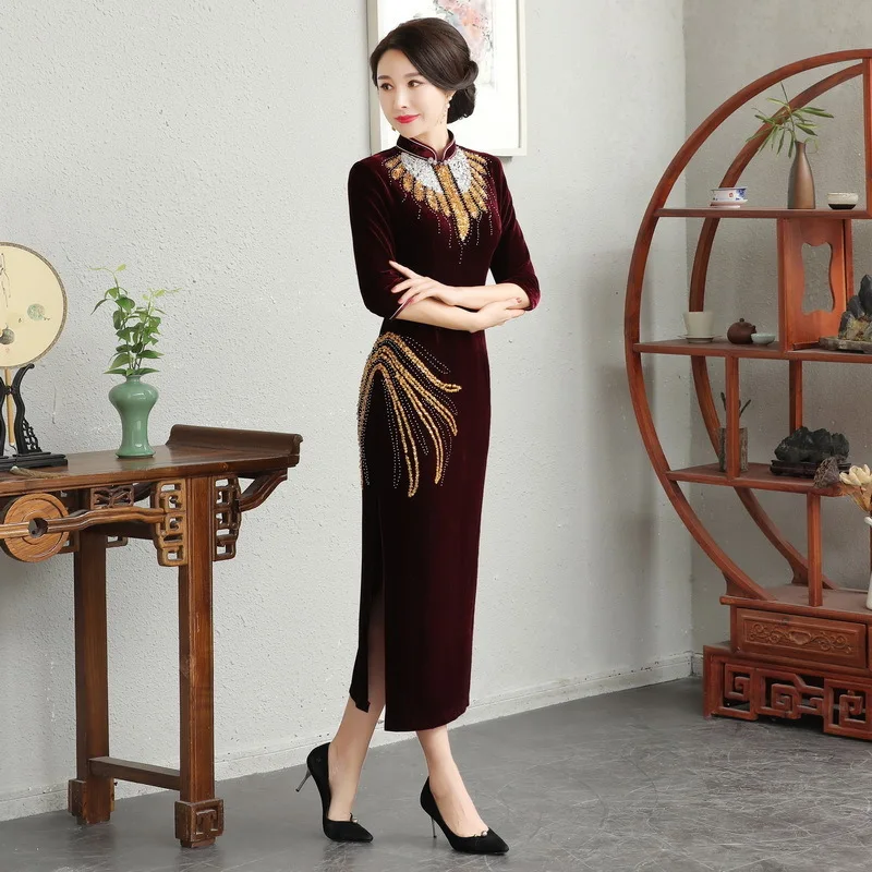 Стиль золотой бархат cheongsam ретро Улучшенный Бисер для ногтей длинный свадебный