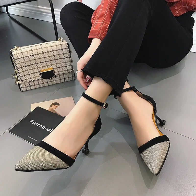 

2018 Spring New Style Korean-style Pointed-Toe High Heel Shoes Mixed Colors Thin Heeled Low-Cut A- line with Hallow Closed-toe S