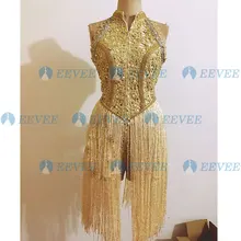 Золотой бисер блестки кисточкой боди Ночной клуб танец DS шоу сцена Одежда Кружева наряд для вечеринки женский певец танцор костюм