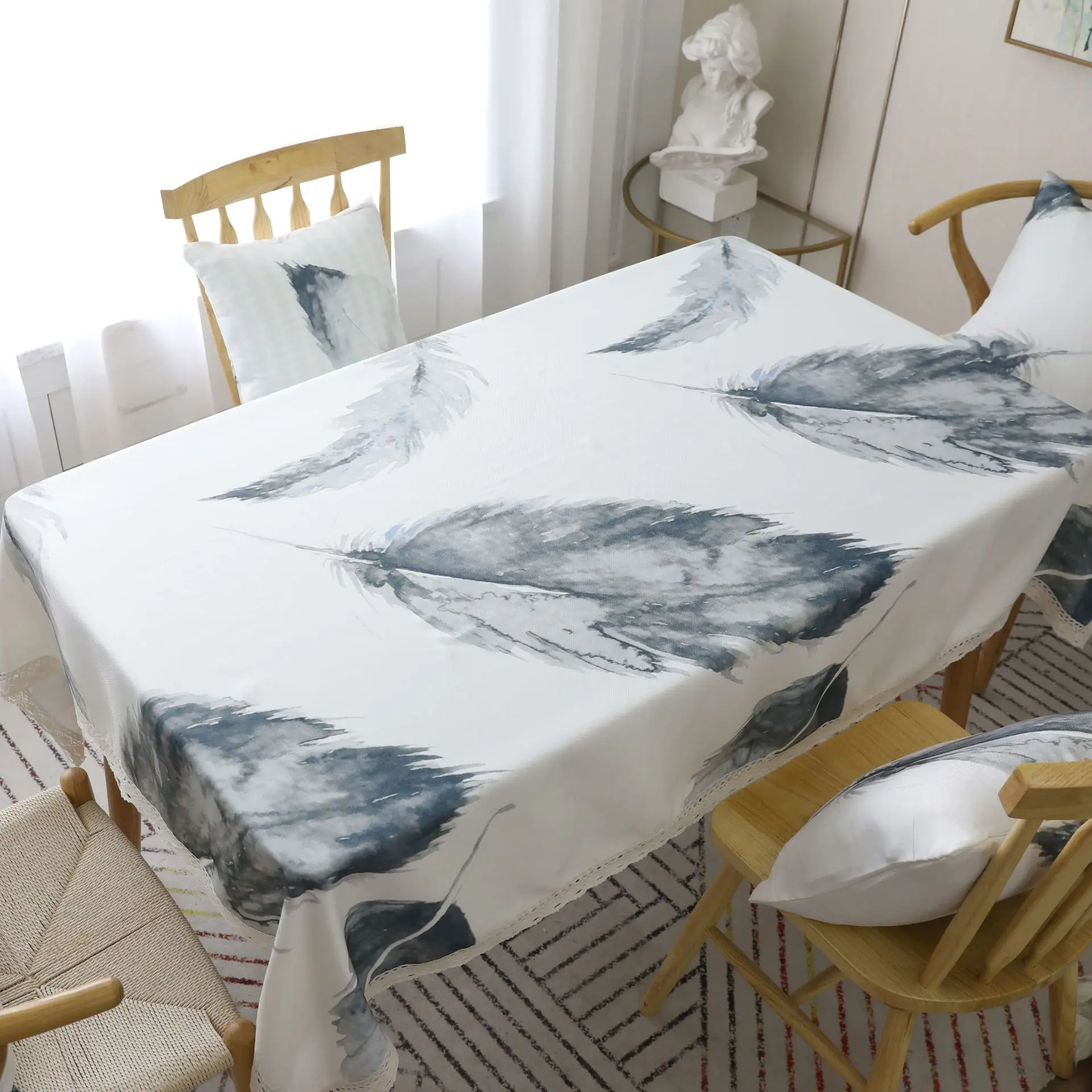 

Polyester tablecloth gray large feather print Nordic thick rectangular INS coffee table cloth tablecloth table cloth