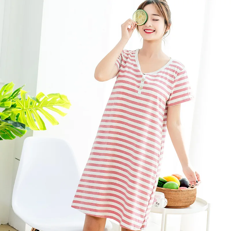 

Summer Women 100% Cotton Nightdress Short Striped Nightgowns Round Neck with Breast Pad Sleepwear Plus Size Home Night Gown