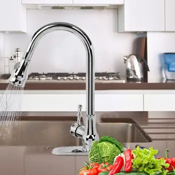 

Silver Brass Pull-Out Spout Kitchen Sink Faucet Single Handle Cold and Hot Tap Dispense Kitchen Tap