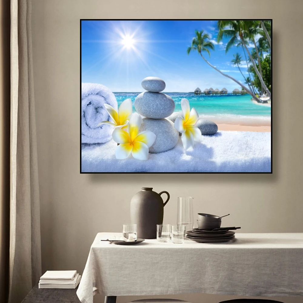 Canvas Painting Bath towels and stacked stones Sun & beach Art Poster Picture Wall Decor Modern Home Decoration For Living room Canvas Painting Bath towels and stacked stones Sun & beach Art Poster Picture Wall Decor Modern Home Decoration For Living room
