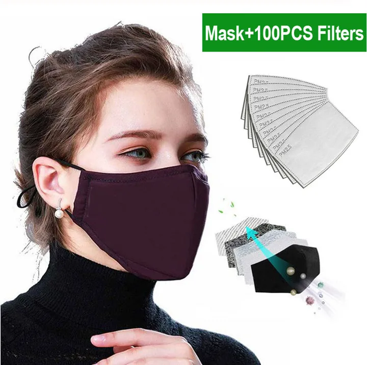 

1 Mask+100 Filter/Lot Cotton PM2.5 mouth Mask anti dust mask Windproof Mouth-muffle bacteria proof Flu Face masks In Stock