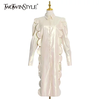 

TWOTWINSTYLE Vintage Patchwork Shirt For Women Lapel Long Sleeve Side Split Casual Loose Blouse Female Fashion New Clothing 2020