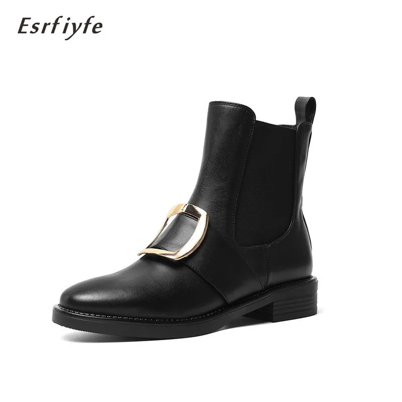 

ESRFIYFE 2020 Genuine Leather Low Heels Ankle Boots Women Spring Autumn Ladies Shoes Fashion Woman Black Round Toe Ankle Boots