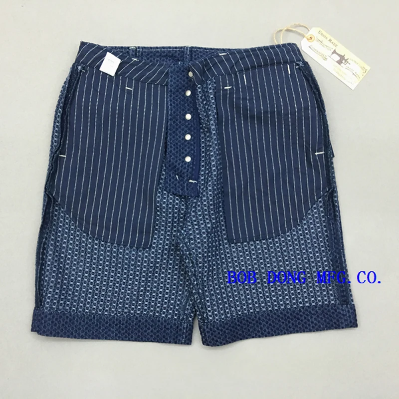 BOB DONG Wabash Denim Shorts For Men Vintage Indigo Workwear Knee Length Sashiko