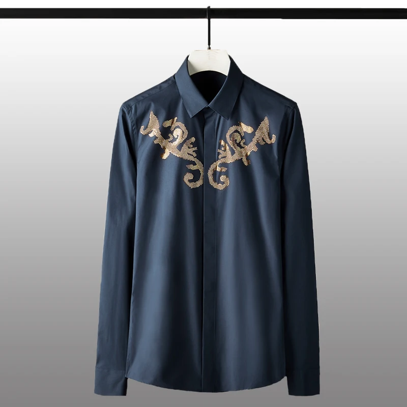 

Cotton Luxury Royal Diamond Long Sleeve Solid Color Mens Dress Plus Size Slim Fit Male Shirts 4xl