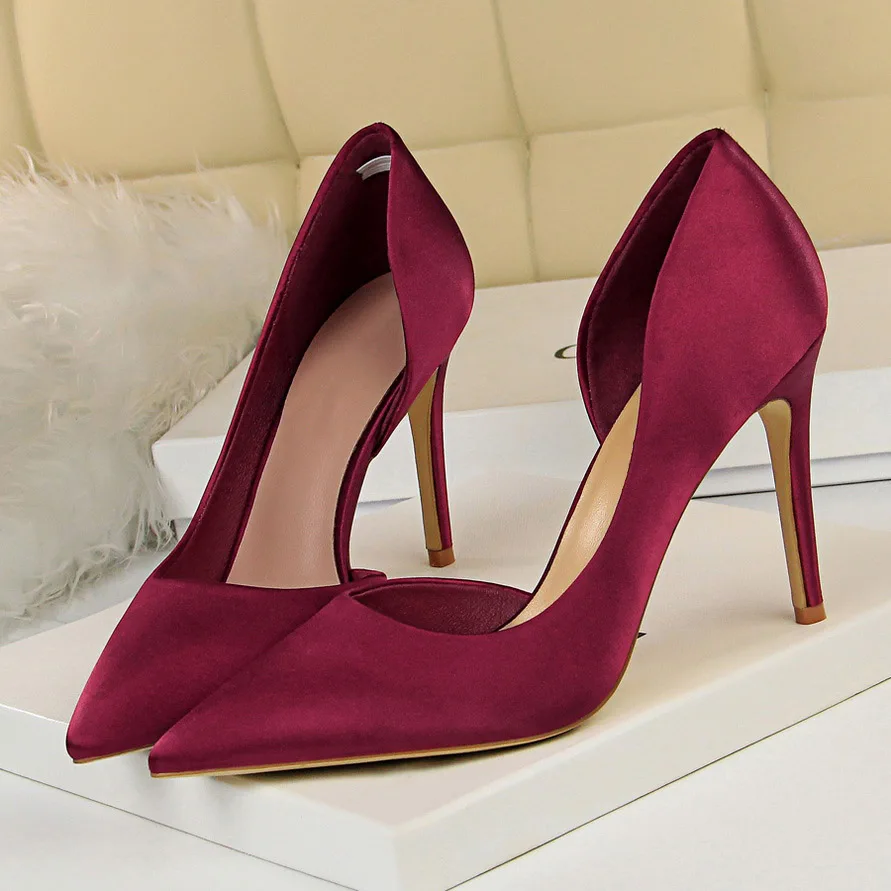 

2019 Newest Women 9.5cm High Heels Blue Pumps Female Escarpins Luxury Lady Shoes Simple High Heels Scarpins Burgundy Green Shoes